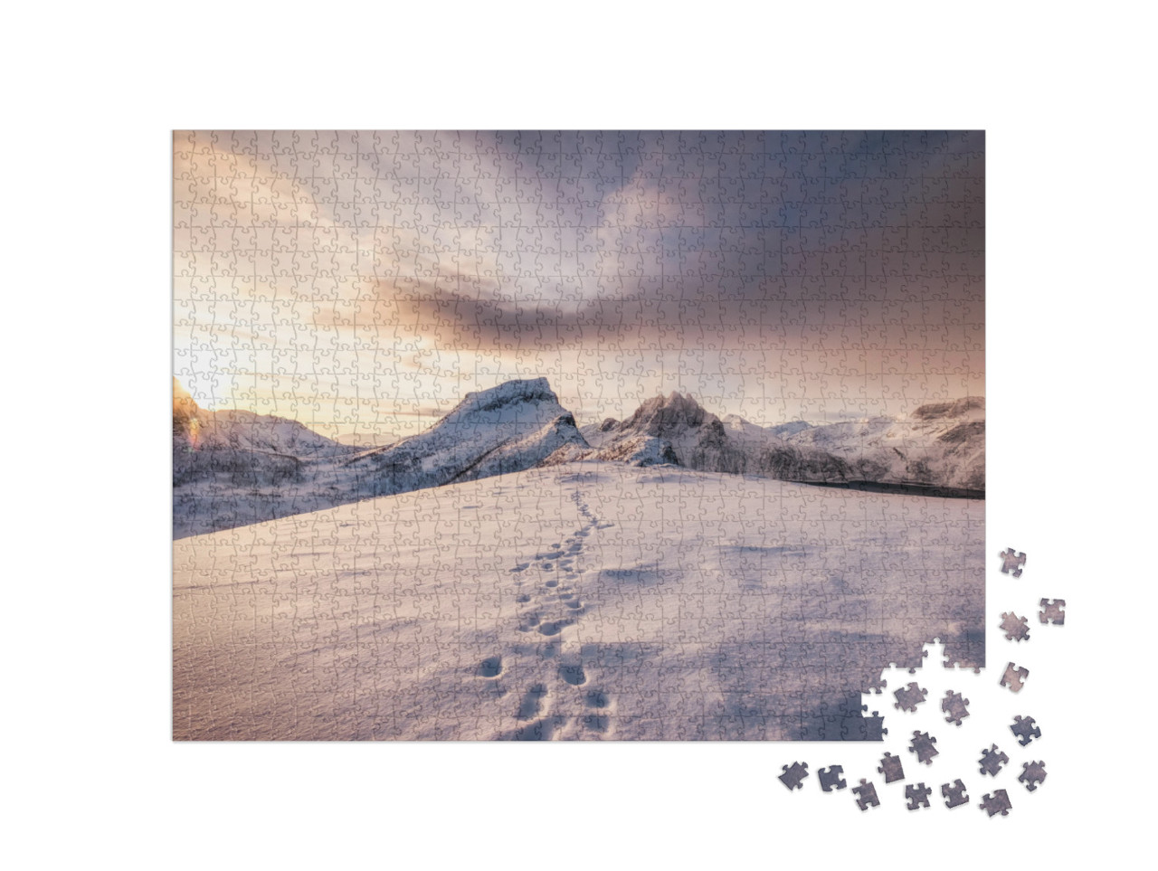 Landscape of Snow Mountains Range with Footprint on Snowy... Jigsaw Puzzle with 1000 pieces