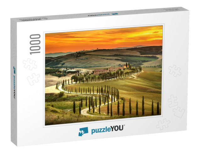 Tuscany, Rural Sunset Landscape. Countryside Farm, Cypres... Jigsaw Puzzle with 1000 pieces