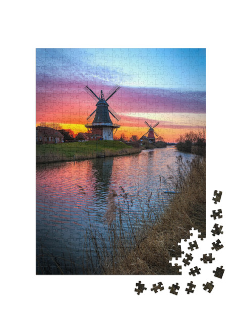 The Famous Twin Mills of Greetsiel, East Frisia At Sunris... Jigsaw Puzzle with 500 pieces