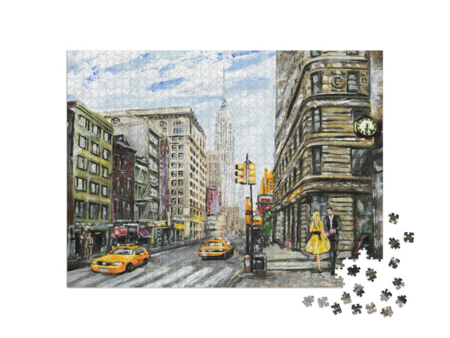 Oil Painting on Canvas, Street View of New York, Man & Wo... Jigsaw Puzzle with 1000 pieces