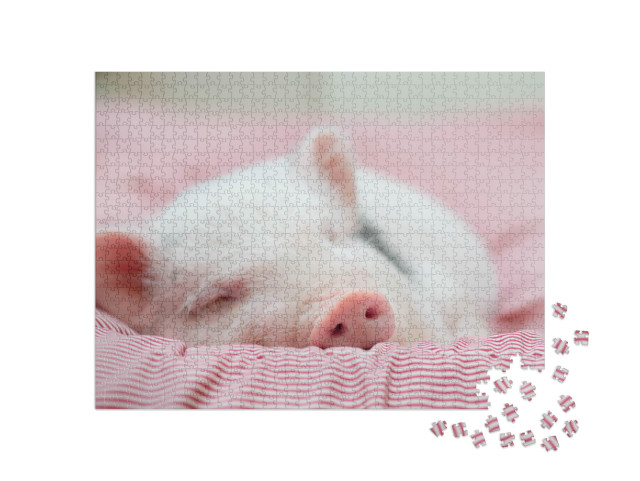 Cute Pig Sleeps on a Striped Blanket. Christmas Pig... Jigsaw Puzzle with 1000 pieces