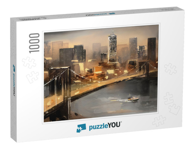 Oil Painting on Canvas - View of New York, River & Bridge... Jigsaw Puzzle with 1000 pieces