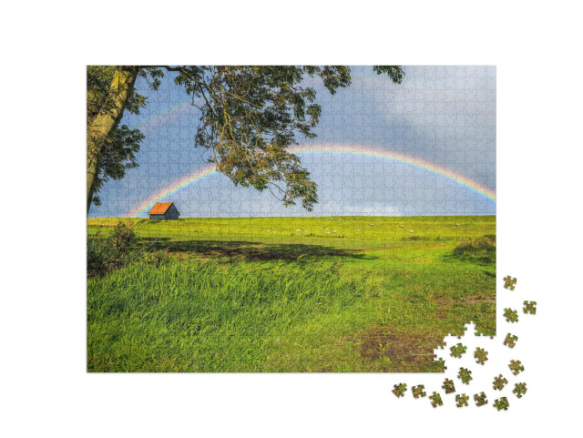 Rainbow in Sky Clouds Over Rural House Lawn Summer Field... Jigsaw Puzzle with 1000 pieces