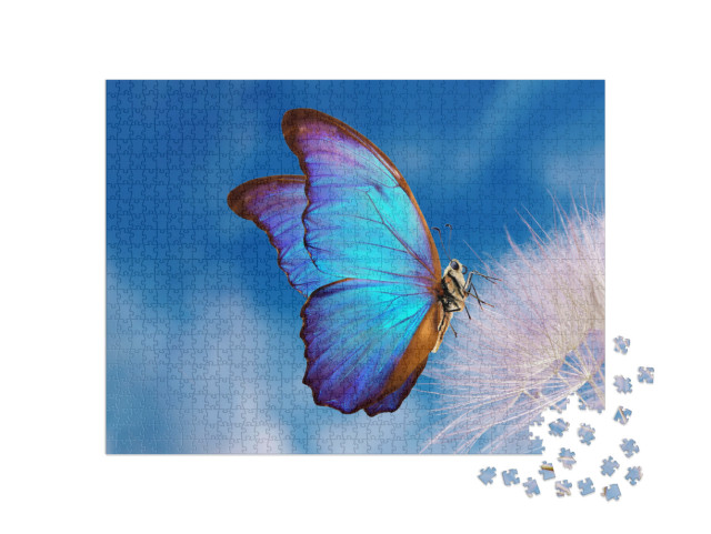 Natural Pastel Background. Morpho Butterfly & Dandelion... Jigsaw Puzzle with 1000 pieces