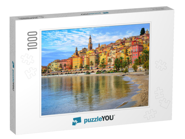 Sand Beach Beneath the Colorful Old Town Menton on French... Jigsaw Puzzle with 1000 pieces