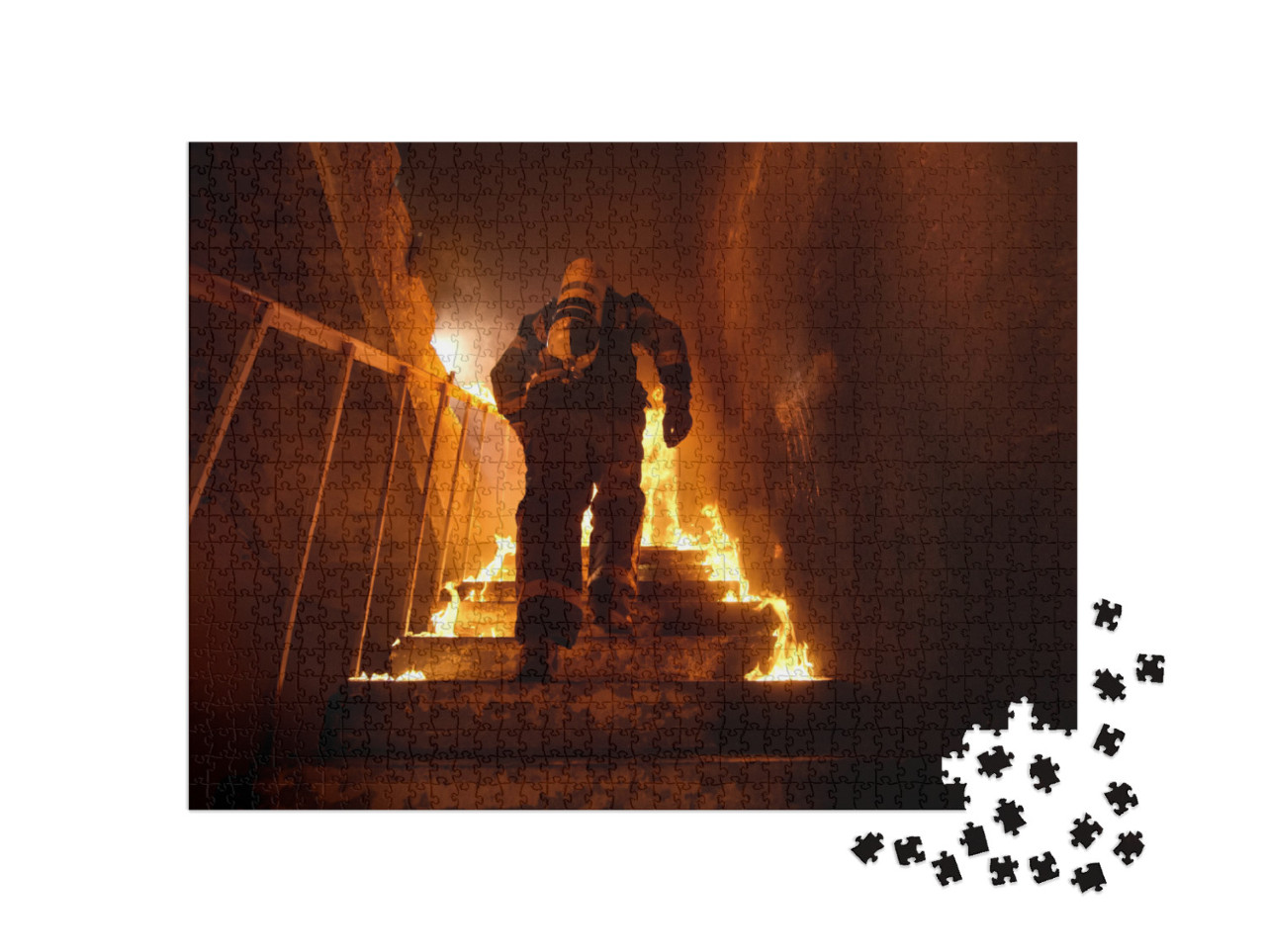 Strong & Brave Firefighter Going Up the Stairs in Burning... Jigsaw Puzzle with 1000 pieces