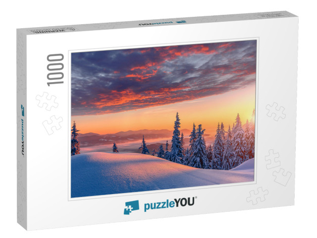 Fantastic Winter Landscape During Sunset. Colorful Sky Gl... Jigsaw Puzzle with 1000 pieces