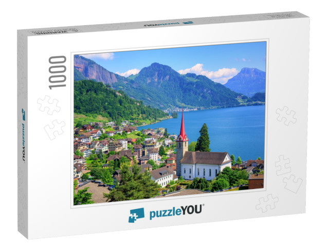 Little Swiss Town with Gothic Church on Lake Lucerne & Al... Jigsaw Puzzle with 1000 pieces