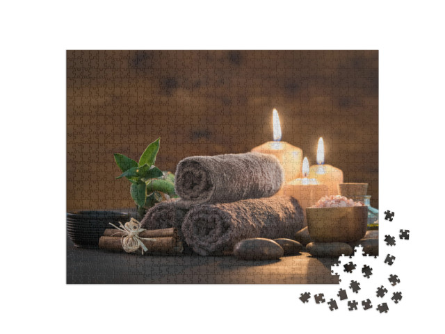 Brown Towels with Bamboo & Candles for Relax Spa Massage... Jigsaw Puzzle with 1000 pieces