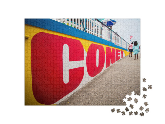 A Group of Women Walk Along the Coney Island Sign At Cone... Jigsaw Puzzle with 1000 pieces