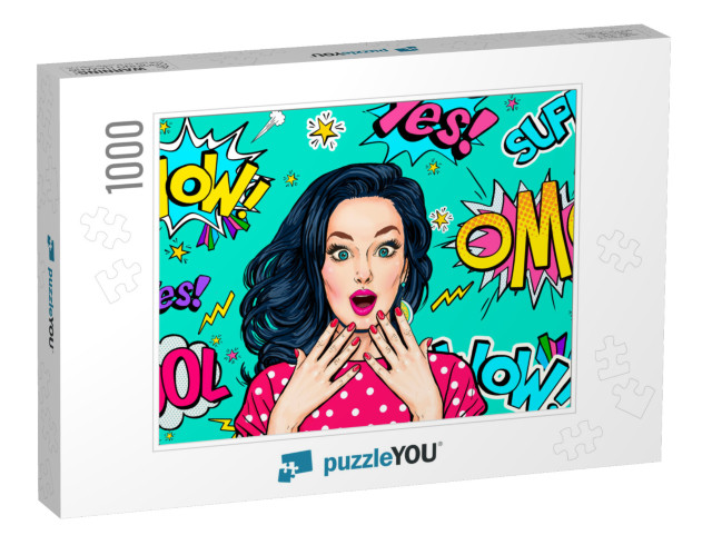 Surprised Woman on Pop Art Background. Advertising Poster... Jigsaw Puzzle with 1000 pieces