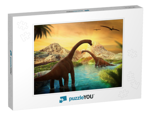 3D Fantasy Landscape with Dinosaur, 3D Rendered Landscape... Jigsaw Puzzle