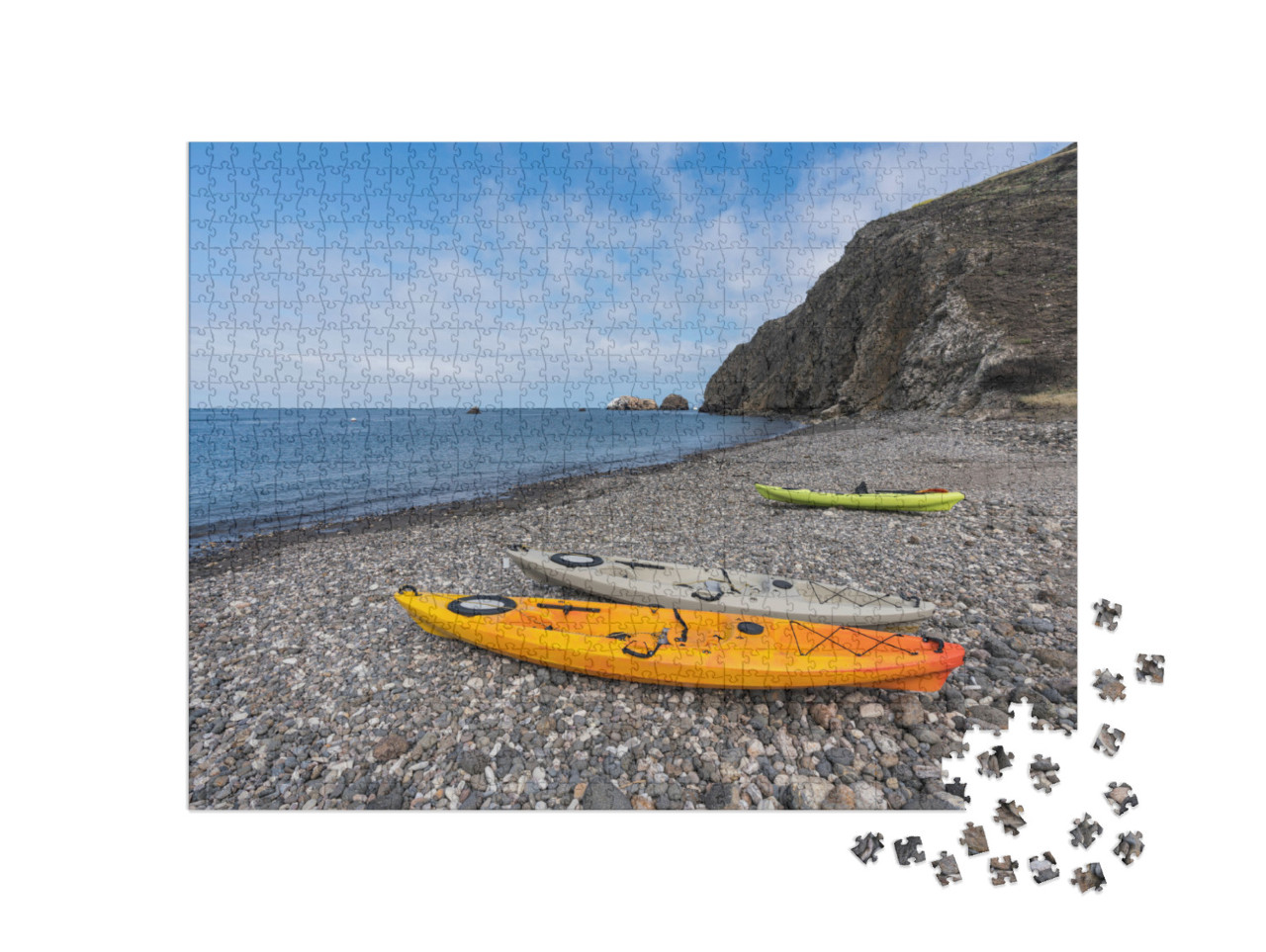 Stoney Beach Cove with Kayaks Near Scorpion Ranch on Sant... Jigsaw Puzzle with 1000 pieces