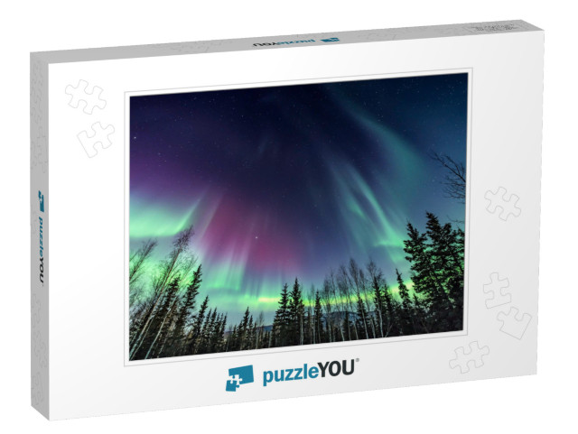 Purple & Green Northern Lights Swirling Over Pine Trees... Jigsaw Puzzle