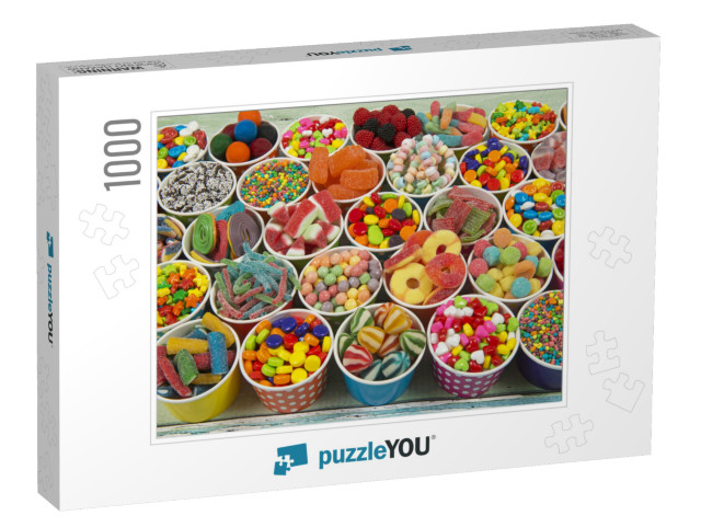 Candy in Colored Cups Photo Collage Jigsaw Puzzle with 1000 pieces