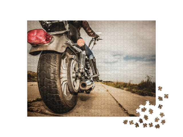 Biker Girl Riding on a Motorcycle. Bottom View of the Leg... Jigsaw Puzzle with 1000 pieces