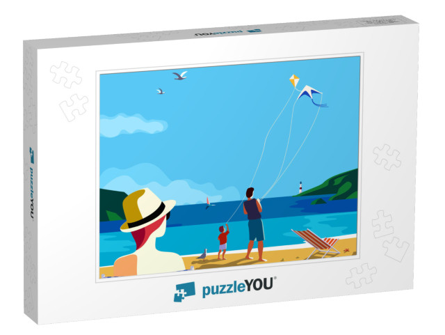 Kiting on Sea Beach. Family Leisure Activity on Sand Seas... Jigsaw Puzzle