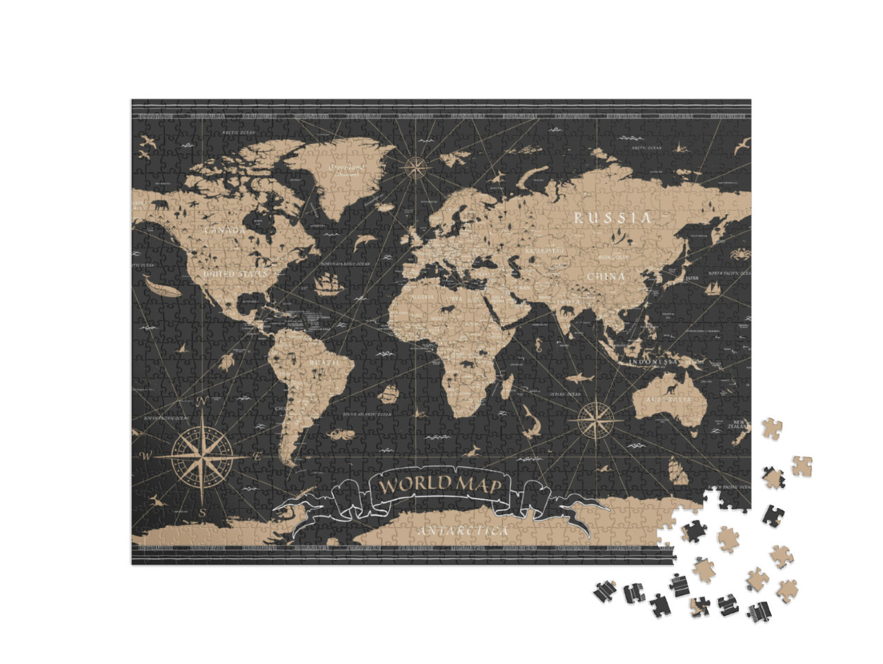 World Map Vintage Black Golden Detailed - Vector... Jigsaw Puzzle with 1000 pieces