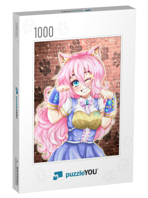 Happy Kawaii Anime Neko Girl of Pink Hair, Anime Illustra... Jigsaw Puzzle with 1000 pieces