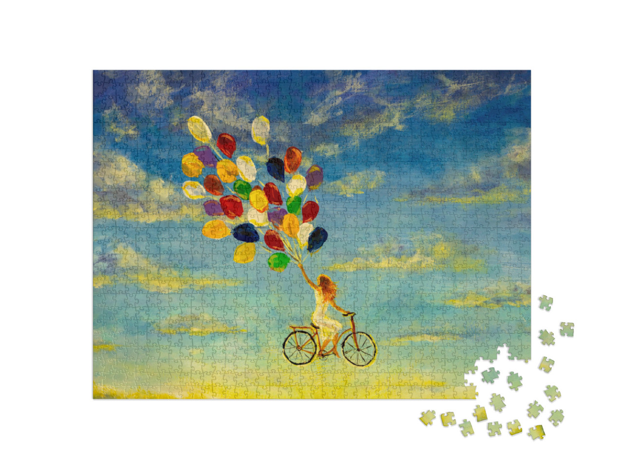 Painting Beautiful Happy Girl in White Dress on Bicycle w... Jigsaw Puzzle with 1000 pieces