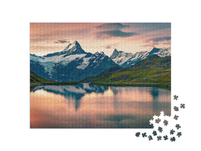 Breathtaking Summer Sunrise on Bachalpsee Lake with Schre... Jigsaw Puzzle with 1000 pieces