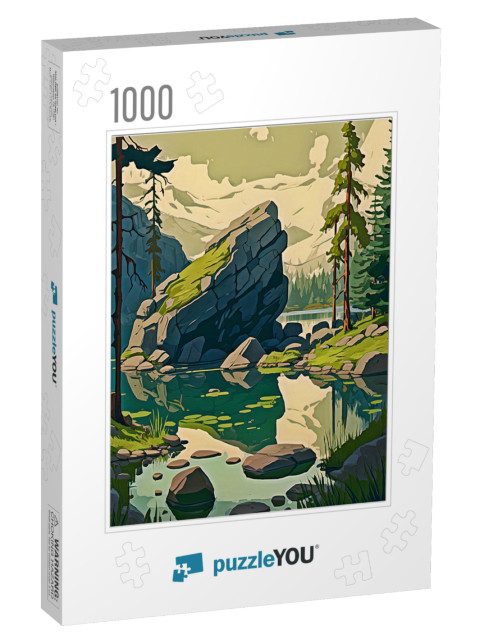 Rugged Majestic Rock Juts Proudly Upward from the Shallows of a Beautiful Mountain Lake Jigsaw Puzzle with 1000 pieces