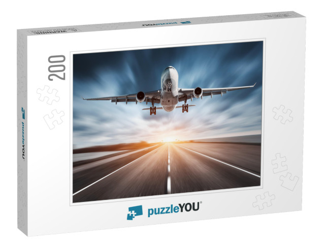 Airplane & Road with Motion Blur Effect At Sunset. Landsc... Jigsaw Puzzle with 200 pieces