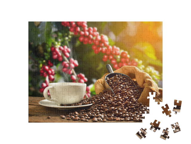 Cup of Coffee with Smoke & Coffee Beans in Burlap Sack on... Jigsaw Puzzle with 200 pieces