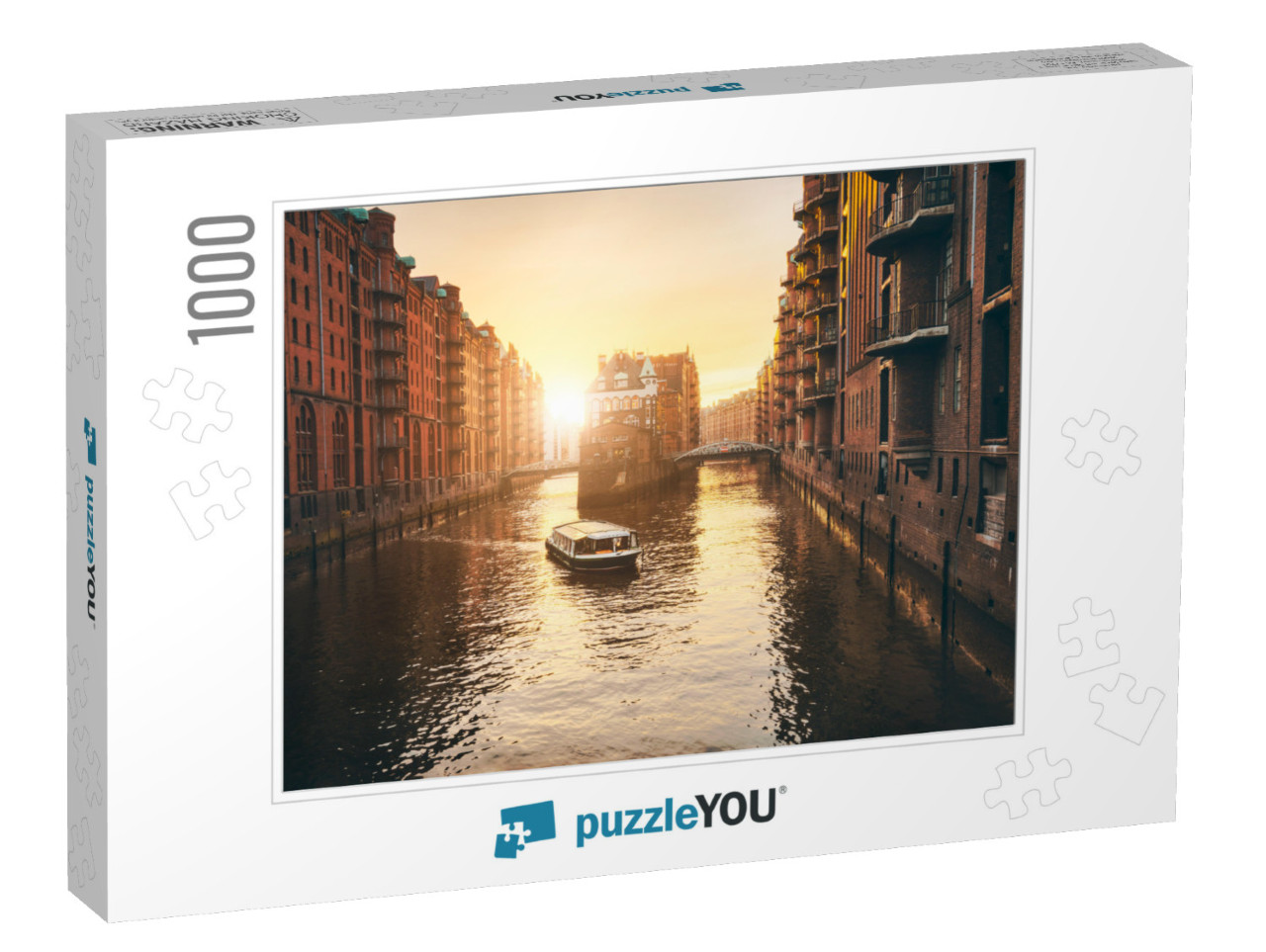 Hamburg Warehouse District in Golden Hour Sunset Lit. Wat... Jigsaw Puzzle with 1000 pieces