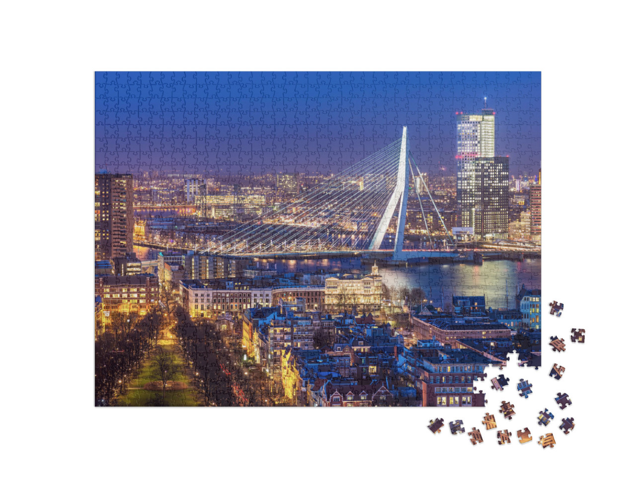 Rotterdam Skyline with Erasmus Bridge At Twilight as Seen... Jigsaw Puzzle with 1000 pieces