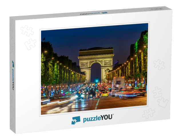 Champs-Elysees & Arc De Triomphe At Night in Paris, Franc... Jigsaw Puzzle