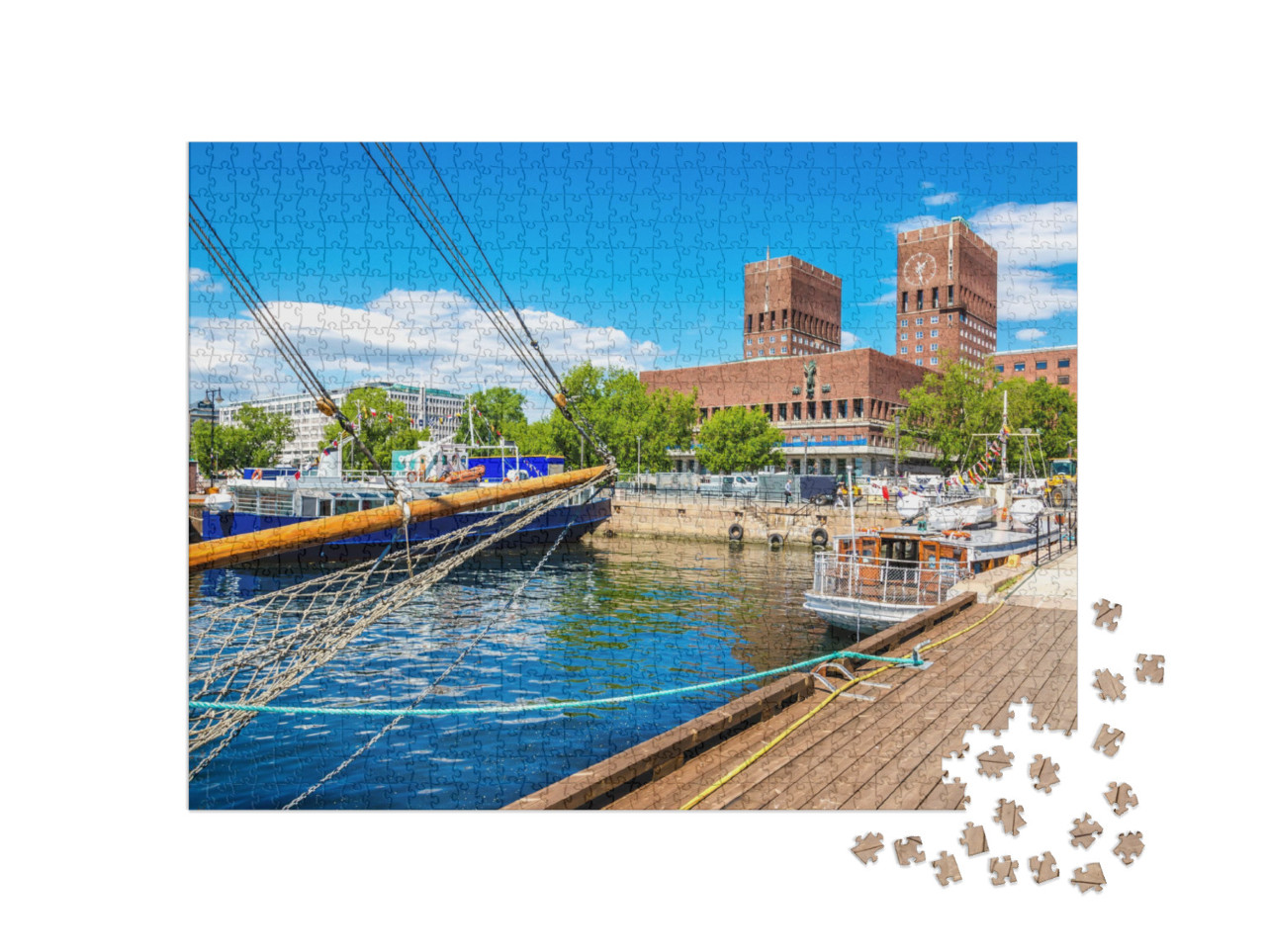 Amazing Oslo City Hall Seen from Oslo Harbor, Oslo Fjord... Jigsaw Puzzle with 1000 pieces