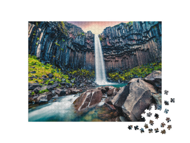 Dramatic Morning View of Famous Svartifoss Black Fall Wat... Jigsaw Puzzle with 1000 pieces