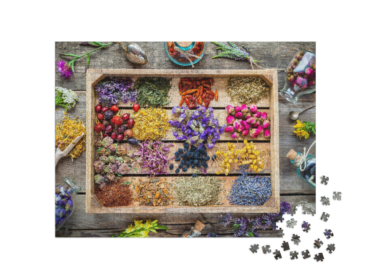 Healing Herbs in Wooden Box on Table, Herbal Medicine, To... Jigsaw Puzzle with 1000 pieces