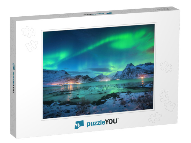 Aurora Borealis Over the Sea Coast, Snowy Mountains & Cit... Jigsaw Puzzle