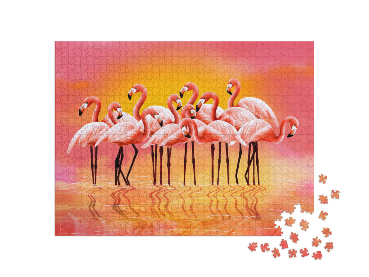 Panorama of Pink Flamingos on a Bright Pink Background &... Jigsaw Puzzle with 1000 pieces