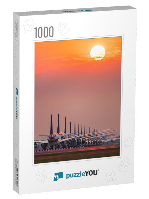 Aircraft Parking At Airport Runway At Sunset... Jigsaw Puzzle with 1000 pieces