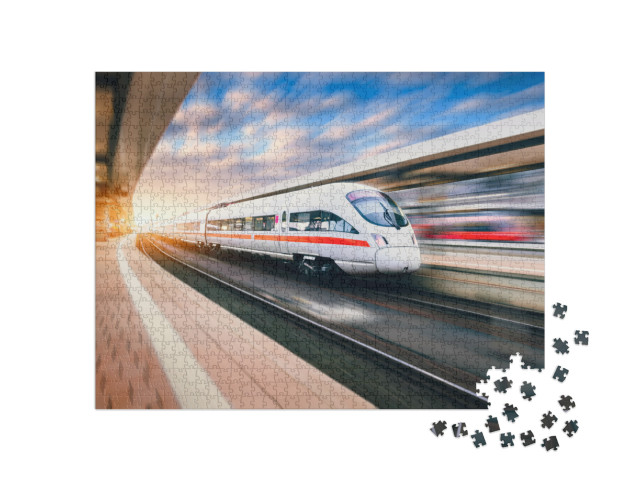 White Modern High Speed Train in Motion on Railway Statio... Jigsaw Puzzle with 1000 pieces