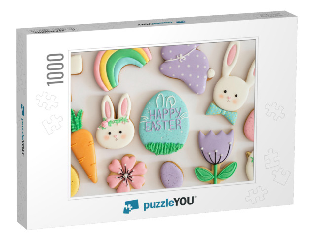 Happy Easter. Multicolored Pastel Easter Cookies on a Whi... Jigsaw Puzzle with 1000 pieces