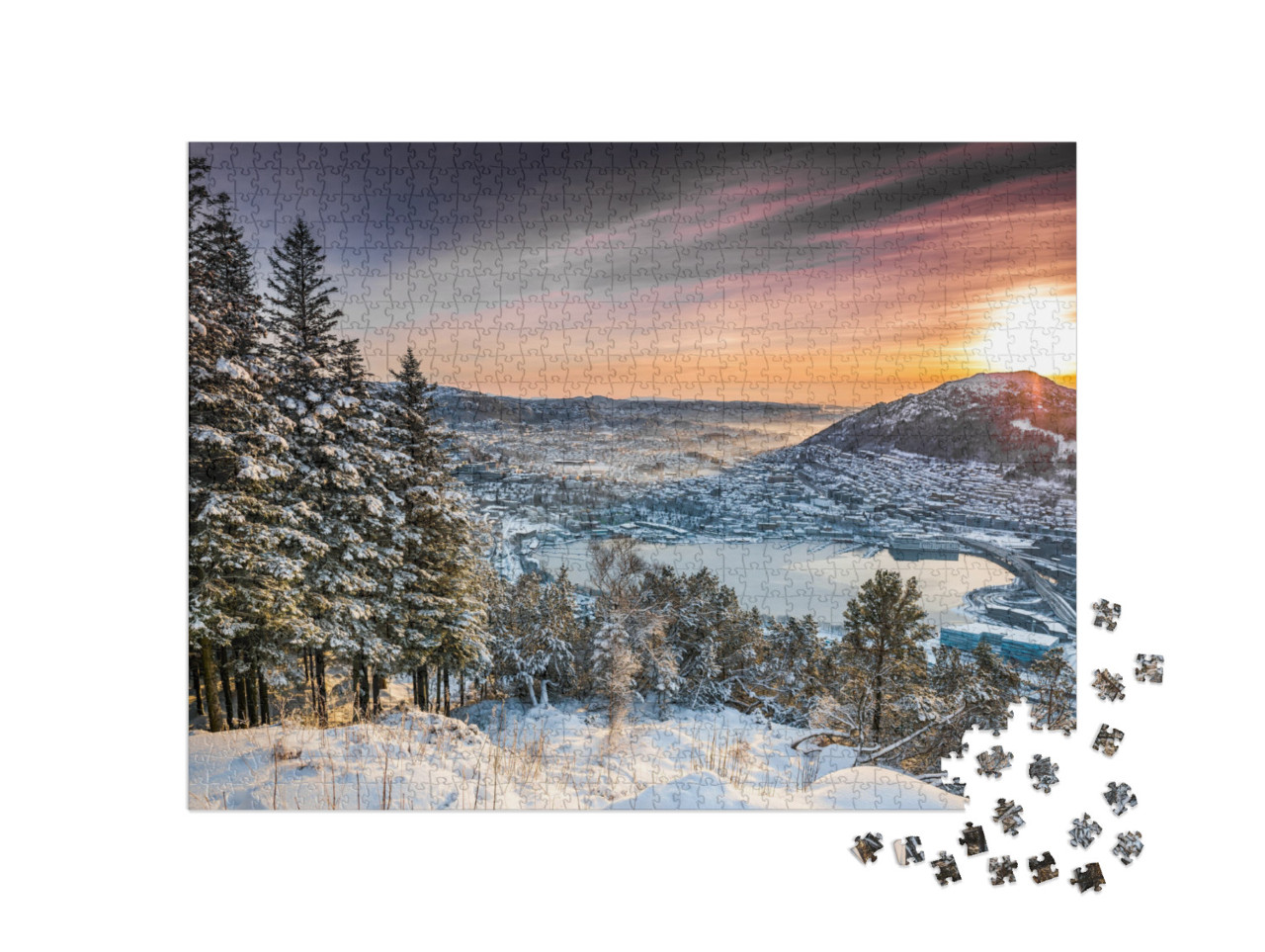 Sunset on the Mountain Top in Bergen. Norway... Jigsaw Puzzle with 1000 pieces