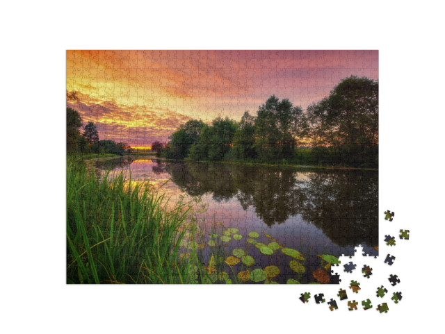 Amazing Landscape with Red Sunset Over the River in the V... Jigsaw Puzzle with 1000 pieces