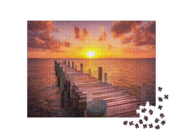 Dock During Caribbean Sunset, Beautiful Magenta Colors &... Jigsaw Puzzle with 1000 pieces