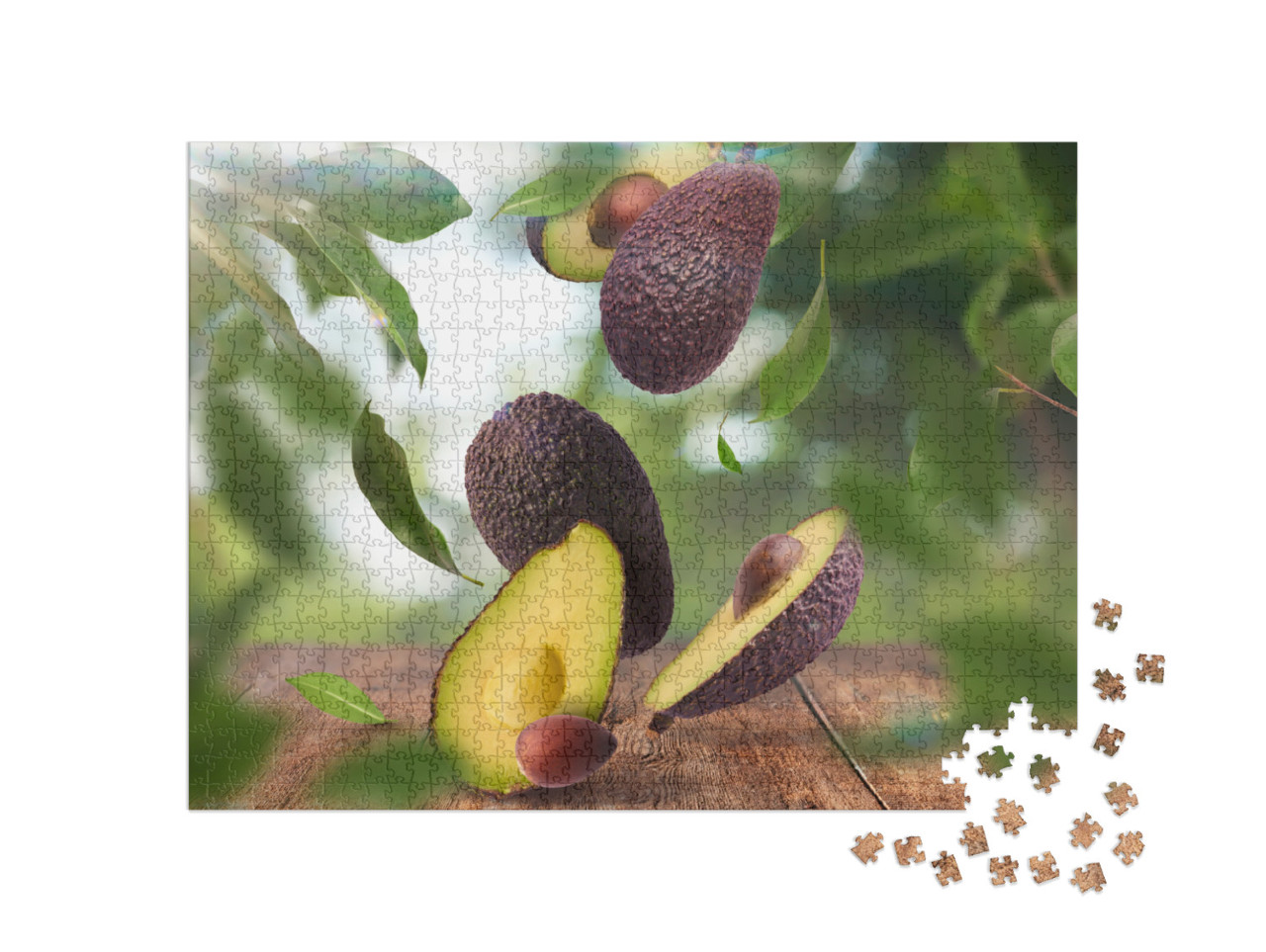 Fresh Raw Avocados Falling in the Air on Wooden Table Ove... Jigsaw Puzzle with 1000 pieces