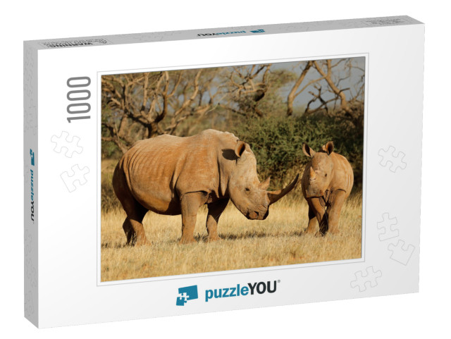 White Rhinoceros Ceratotherium Simum with Calf in Natural... Jigsaw Puzzle with 1000 pieces