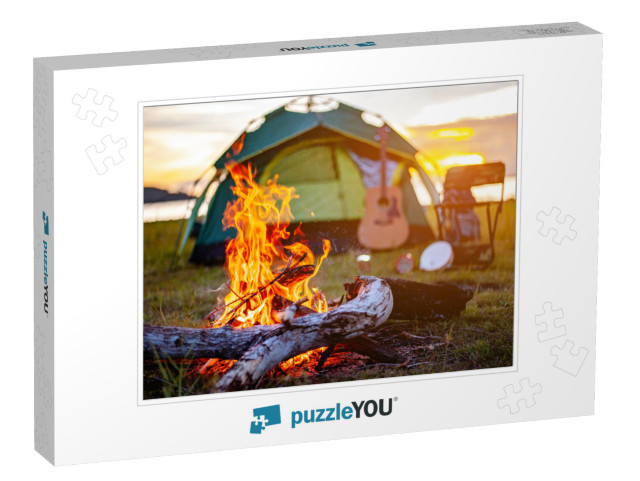 Camping Bonfire Surrounded by Team of Asian Climbers Hike... Jigsaw Puzzle