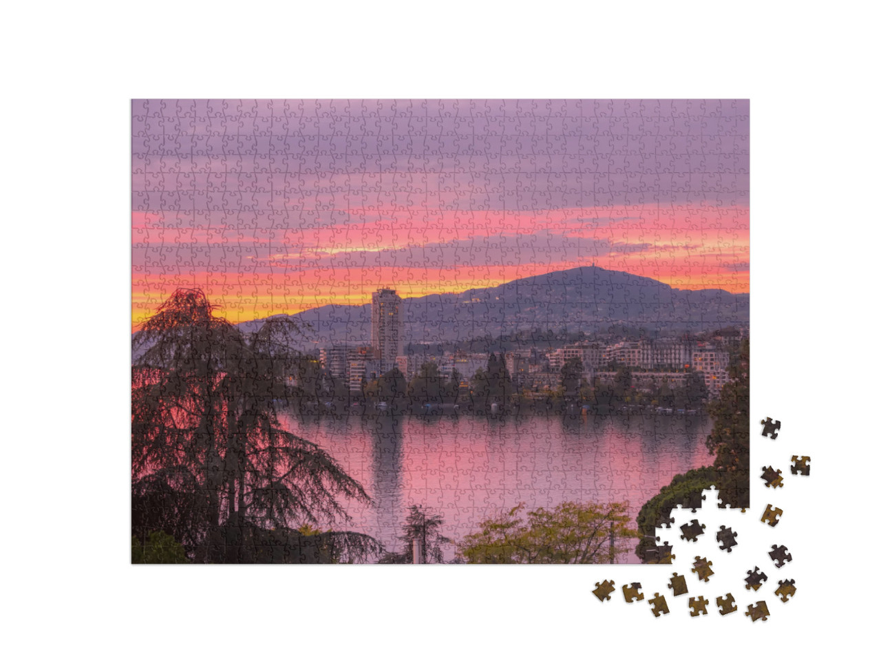 Panoramic Colorful Sunset View of Montreux Promenade & La... Jigsaw Puzzle with 1000 pieces