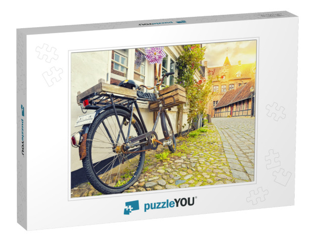 Vintage Bicycle on House Wall At Sunset, Old Town Street... Jigsaw Puzzle