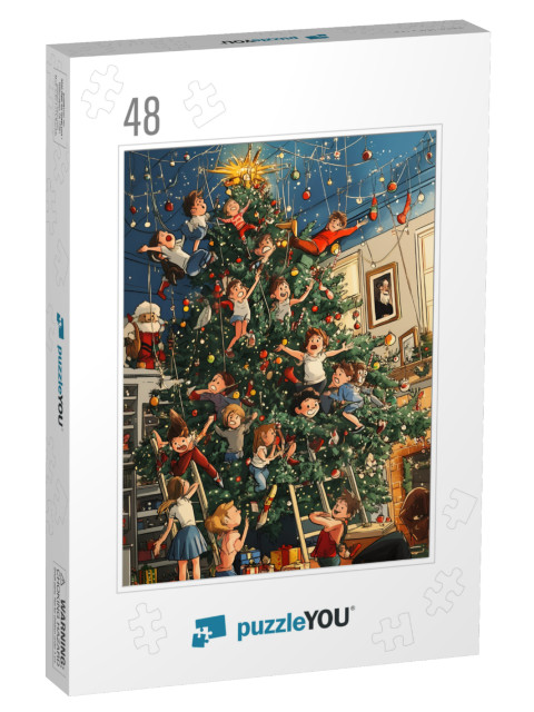 Crazy Christmas: Children Romp Around in the Christmas Tree Jigsaw Puzzle with 48 pieces