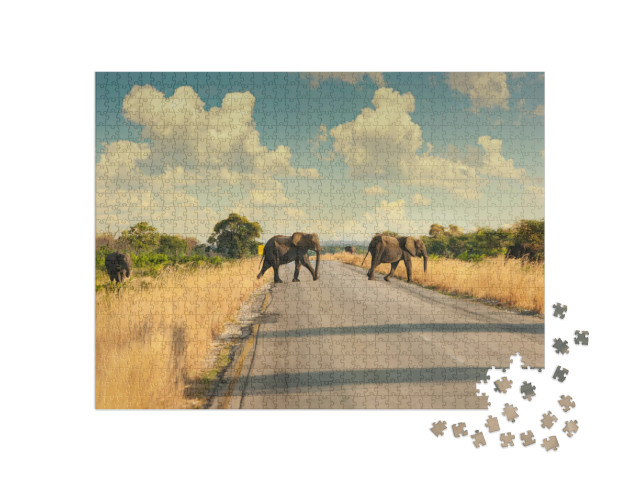 North Botswana Family of Elephants Crossing the Road, is... Jigsaw Puzzle with 1000 pieces