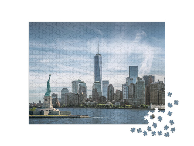 The Statue of Liberty with One World Trade Center Backgro... Jigsaw Puzzle with 1000 pieces